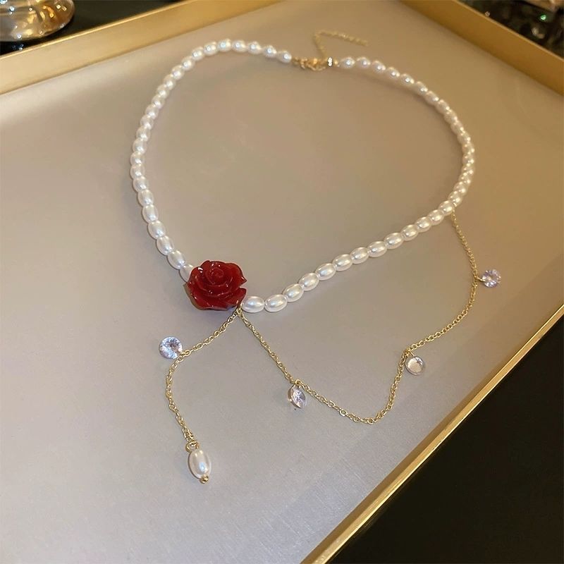 Rose Zircon Necklace Light Luxury Minority Advanced Korean Design Ins Style Necklace Clavicle Chain Temperament Necklace Women