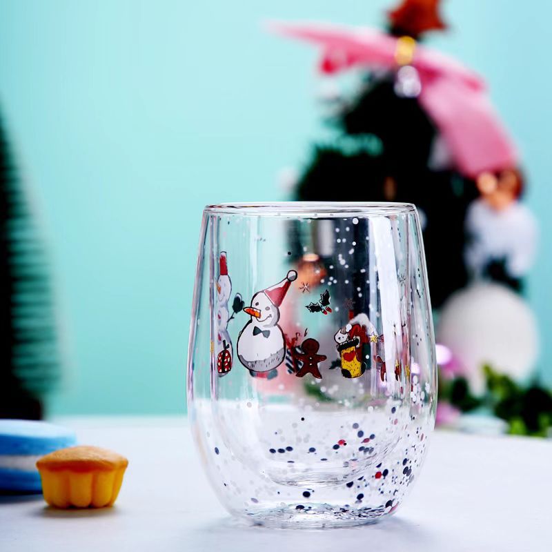 New Christmas Cup Heat-Resistant Double Layer Glass Cup Flowing Sequins Christmas Cup Cute Cartoon Snowflake Christmas Tree Milk