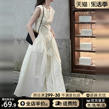 无袖2024茶小个子设计小众收腰长裙法式新款白色连衣裙女夏季歇