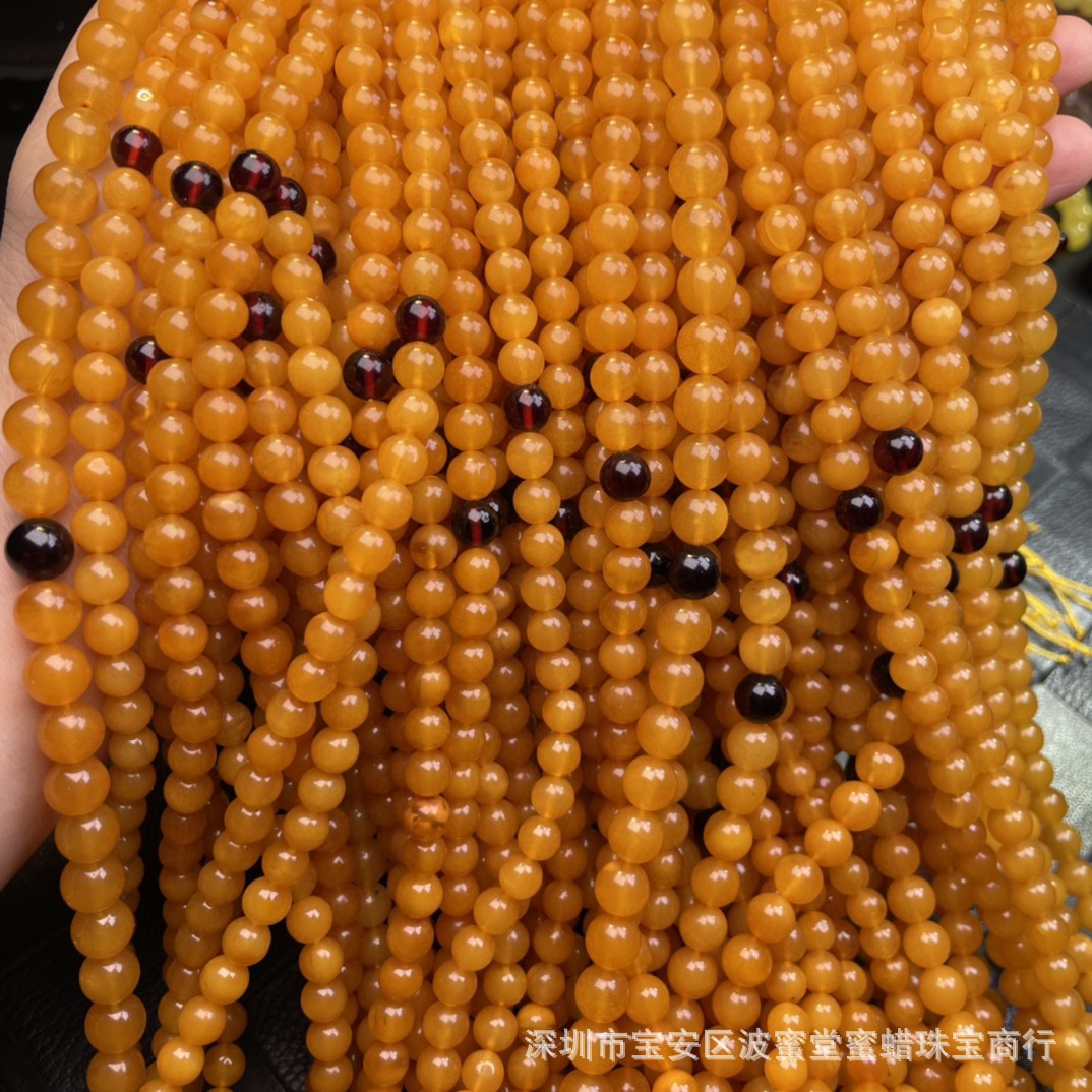 松岗工厂 原矿琥珀老蜜蜡108佛珠项链 性价比高无瑕疵 直径6-8mm