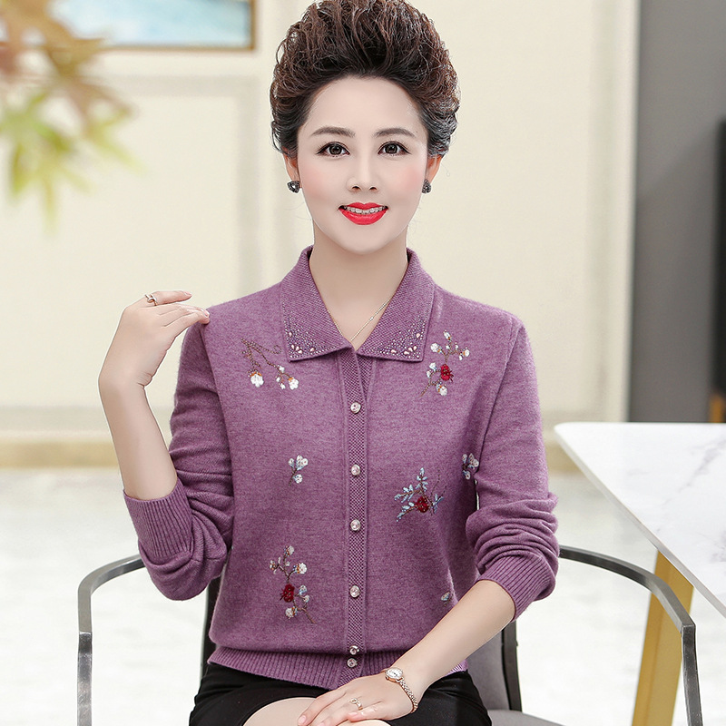 老年人女秋装毛衣开衫妈妈装春秋外套60岁70奶奶翻领针织衫上衣服