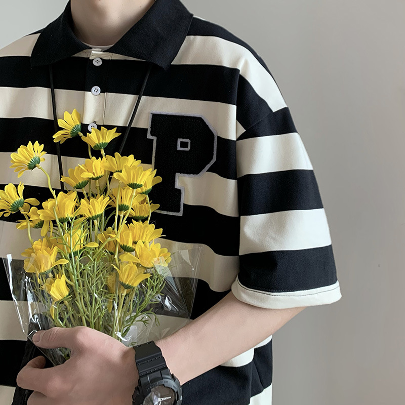Striped Short-Sleeved T-shirt Men's Japanese Trendy Flocking Loose Top Summer Fashion Brand Ins Versatile Couple's Polo Shirt