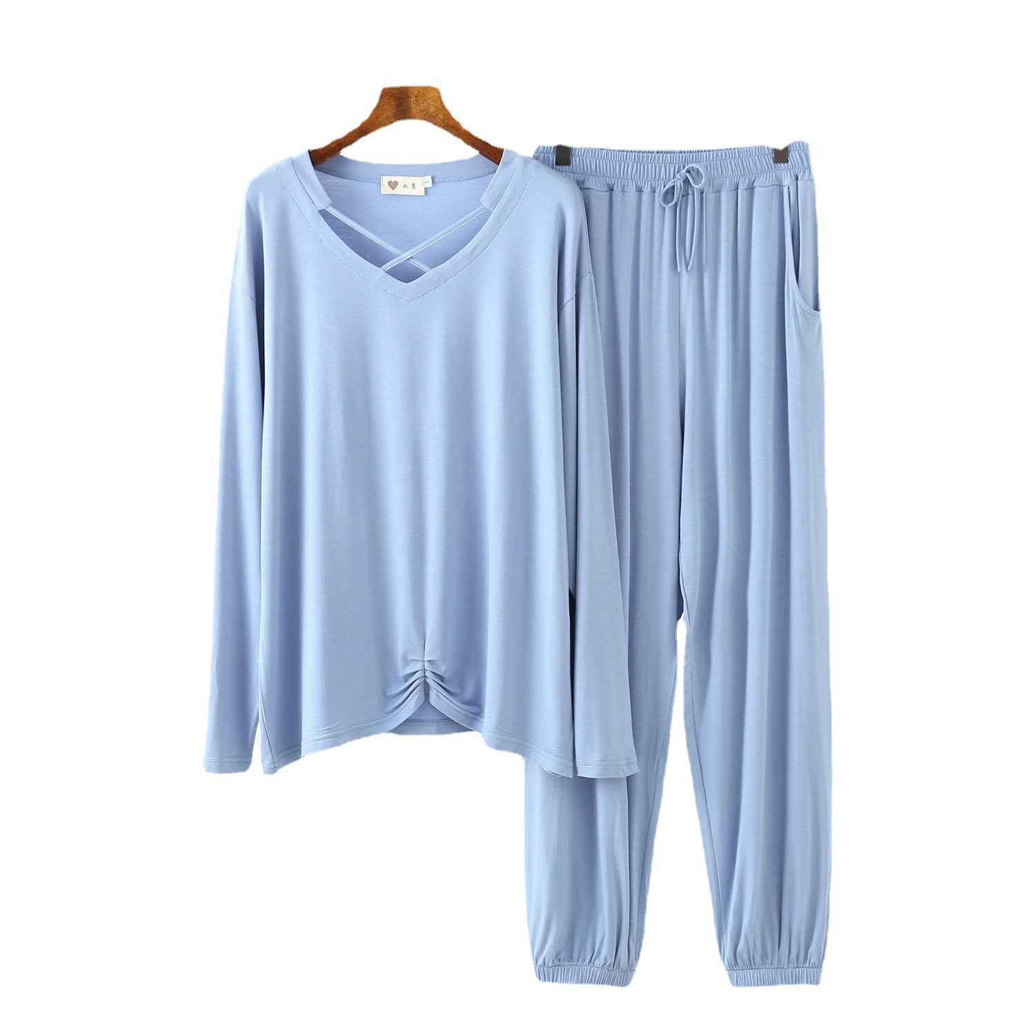 莫代尔睡衣女家居服v领长袖长裤时尚休闲套装可外穿简约-阿里巴巴