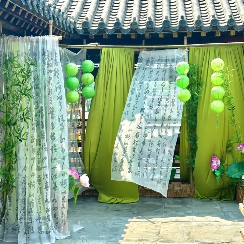 新中式场景布置国风书法纱幔古风布幔绿色纱幔装饰婚庆婚礼背景布