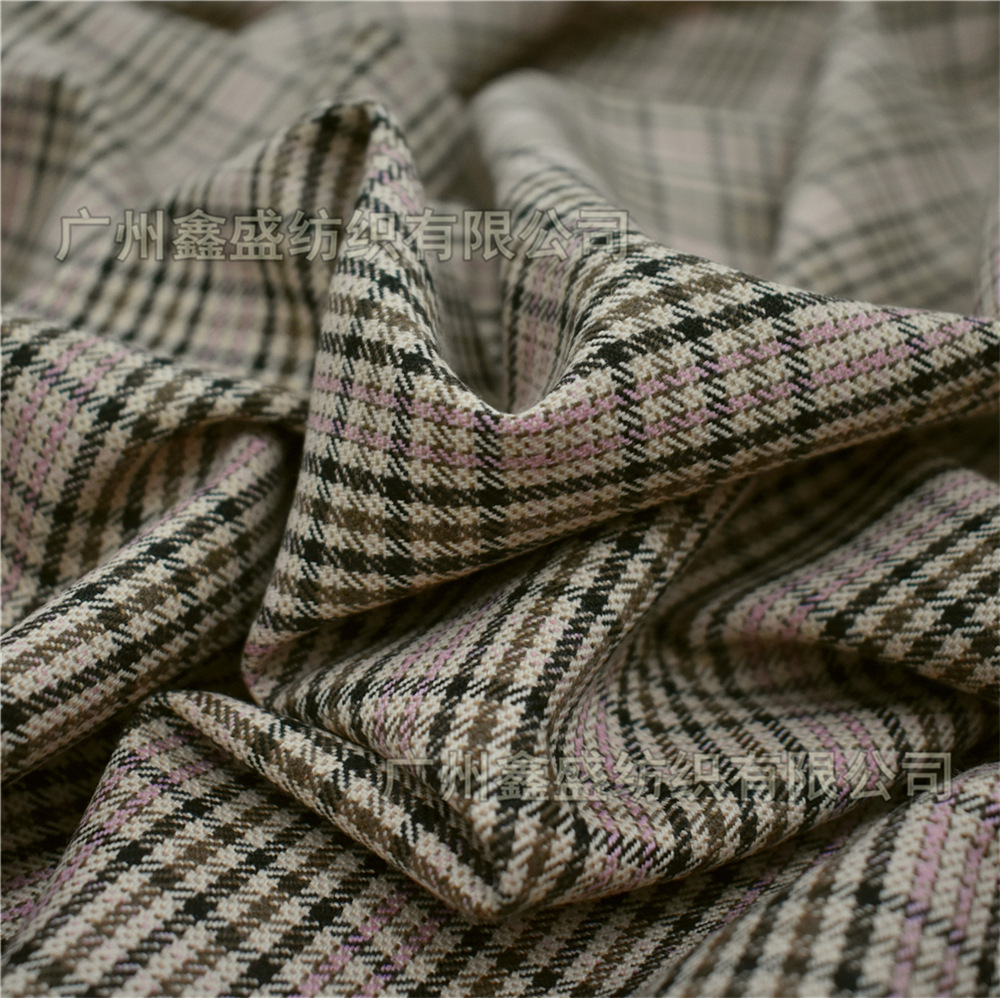 春秋季新款粉色线条千鸟时装格精纺羊毛粗花呢面料w82837