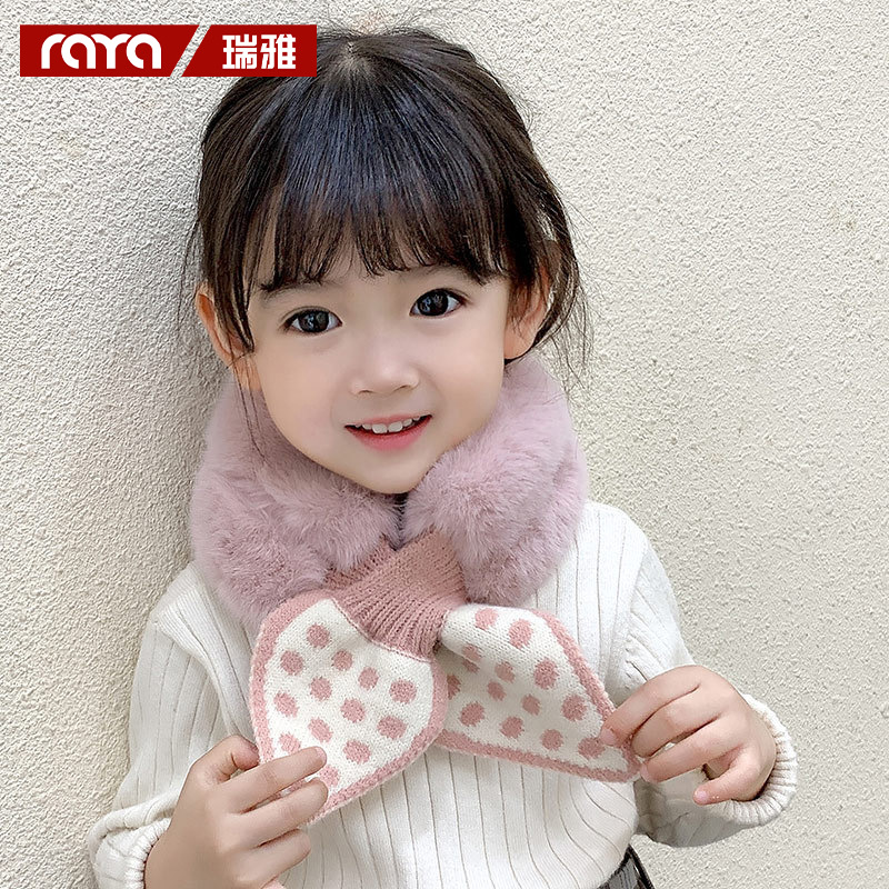 Korean Style Polka Dot Imitation Rabbit Fur Children's Scarf Women's Winter Thickened Fleece Scarf Baby Child Cross Bandana Wholesale