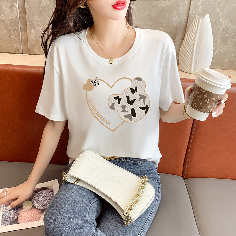 Women's Cotton Short-Sleeved T-shirt Summer New Loose Korean Style White round Neck Printed Half Sleeve T-shirt Student Casual Top