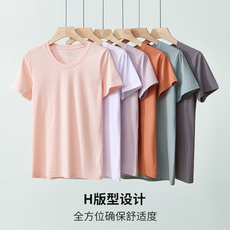 Tencel Antibacterial Short-Sleeved T-shirt Women's Summer Loose Top Women's Bottoming Shirt Casual round Neck Pure Color Cotton Short-Sleeved Women's