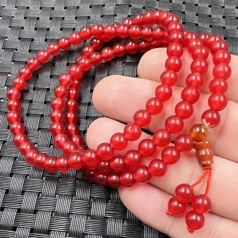 玉石手链鸡血红圆珠手链约8毫米圆珠108颗手链石英岩玉多圈手串