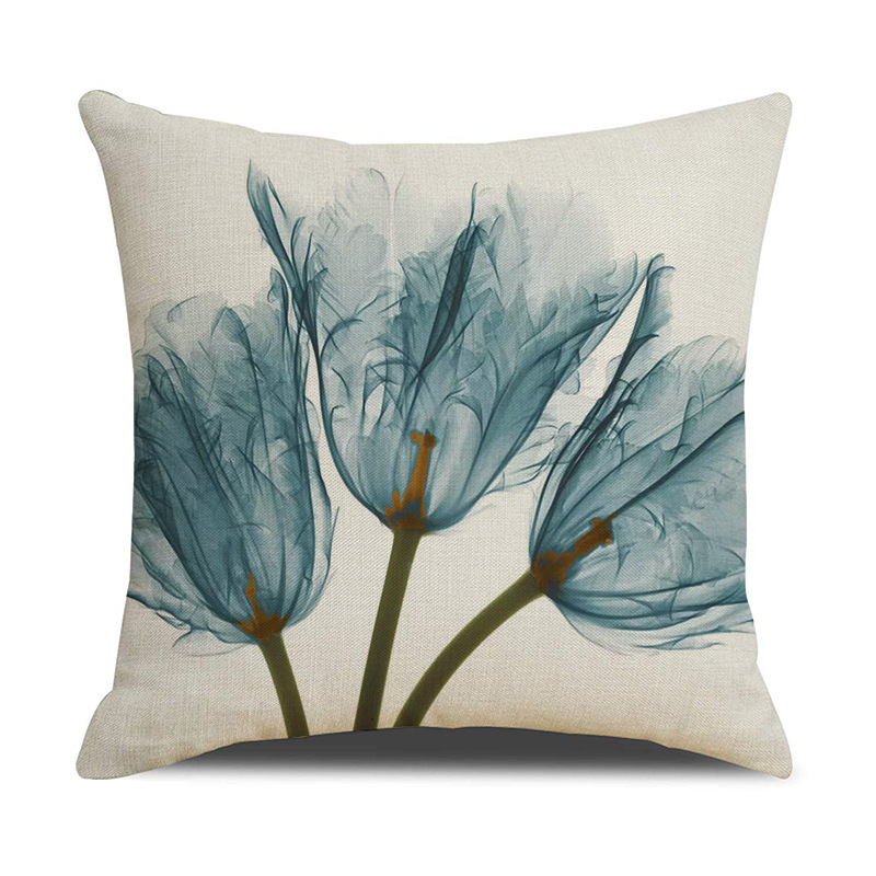 Amazon Pillow Nordic Instagram Style Flower Blue Pattern Pillow Cover Linen Sofa Cushion Bedside Cushion