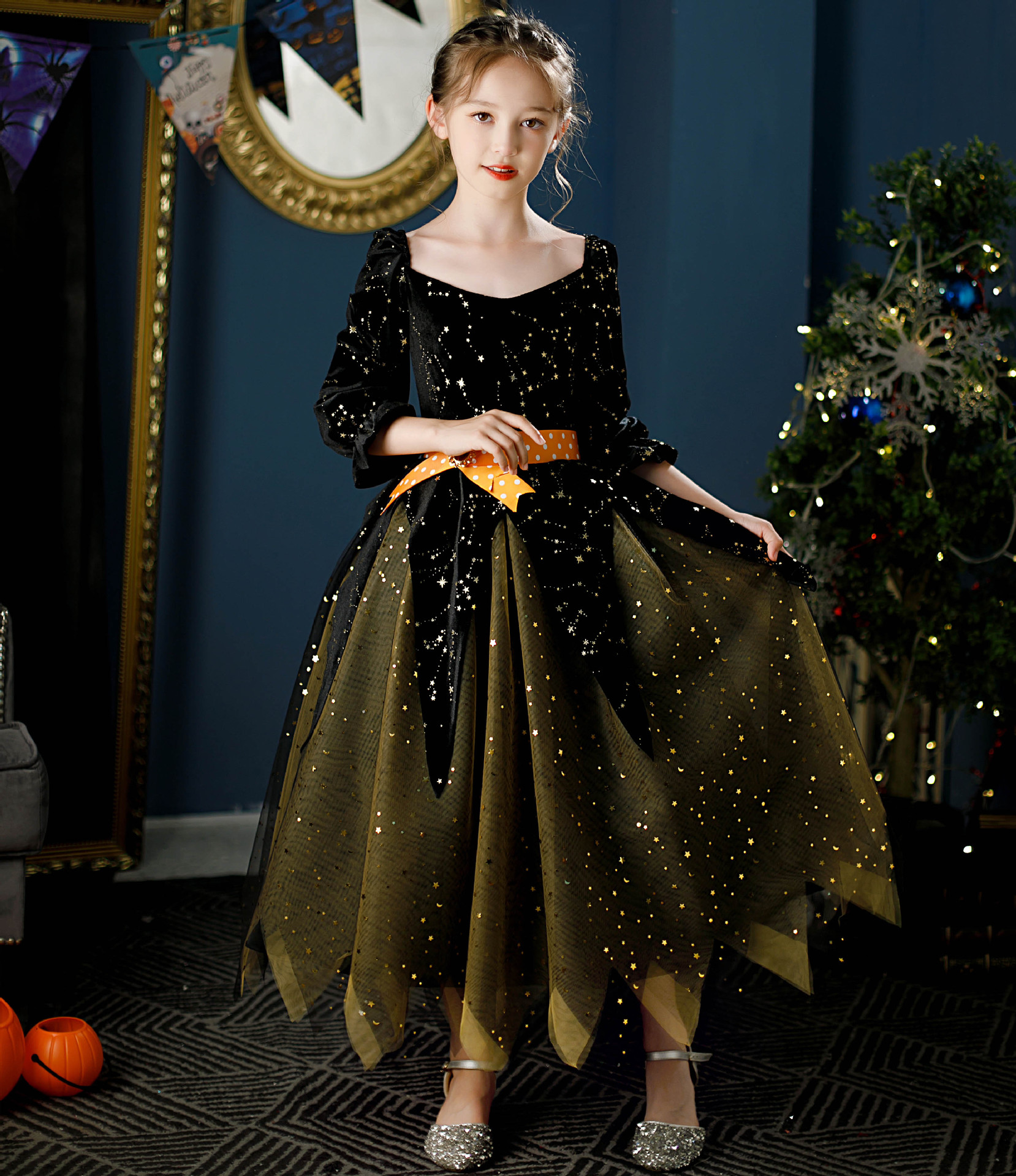 22黑色万圣节魔法女巫连衣裙女童舞会合唱演出服纱裙可爱公主礼服