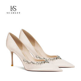 620-2单鞋女2025新款法式尖头水钻高跟鞋女细跟婚纱秀禾两穿婚鞋