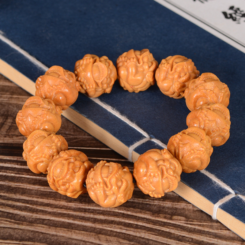 新山檀貔貅手串檀木刻十八罗汉佛珠念珠手串十二生肖文玩收藏