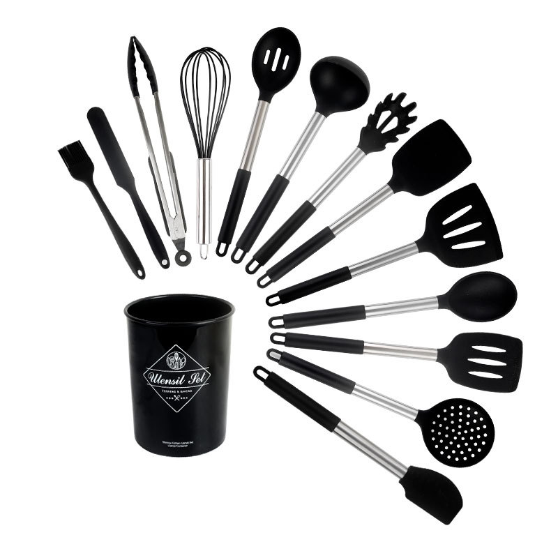 Kitchen Tools Stainless Steel Pipe Handle Silicone Kitchenware Kitchen Utensils Cooking Spoon and Shovel Non-Stick Pan Storage Bucket 15-Piece Set