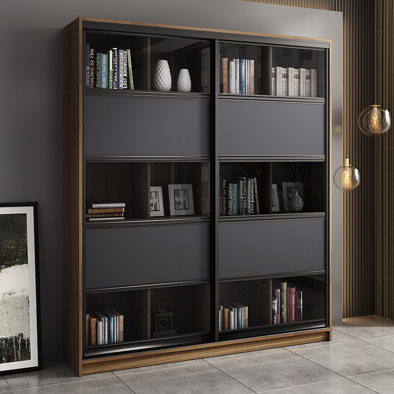 实木推拉门书柜北欧带玻璃门简约现代书架落地办公室书房客厅书橱