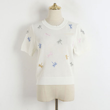2024夏季新款刺绣蜻蜓镂空针织短袖女装设计感小众百搭宽松上衣