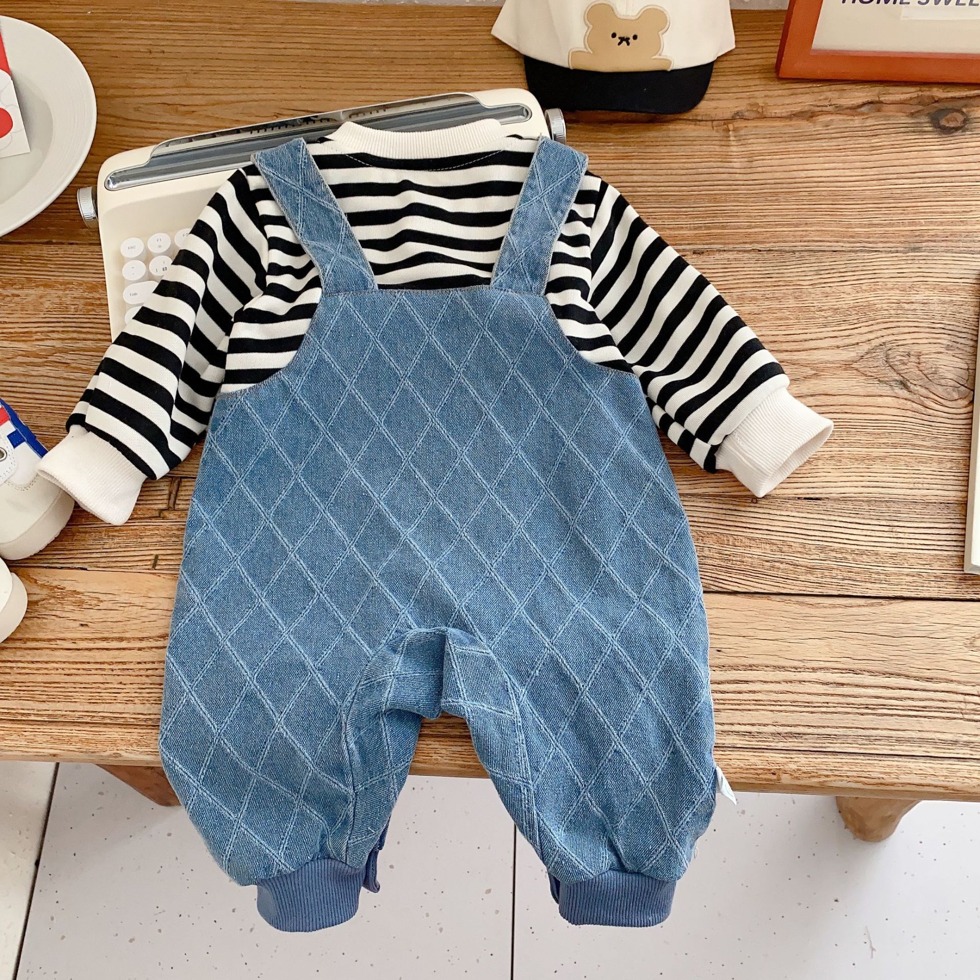 Baby Cartoon Jumpsuit 0-2 Years Old Spring Boys and Girls Baby Fake Two-Piece Striped Romper One-Year Dress Fashionable Al221 Baby Clothes