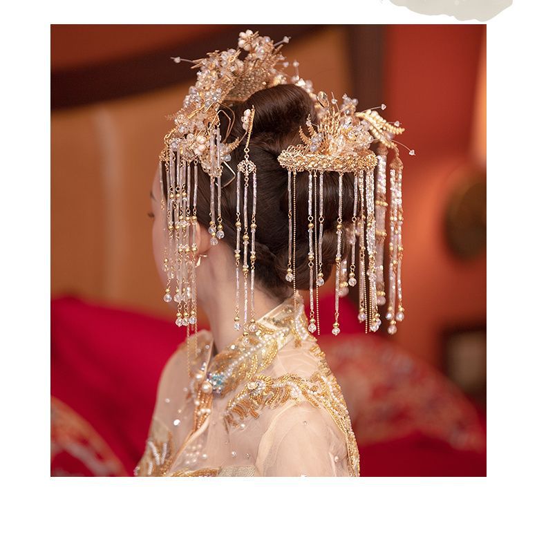 中式凤冠流苏金色古装手工前后冠古典结婚发饰汉服秀禾服婚礼头饰