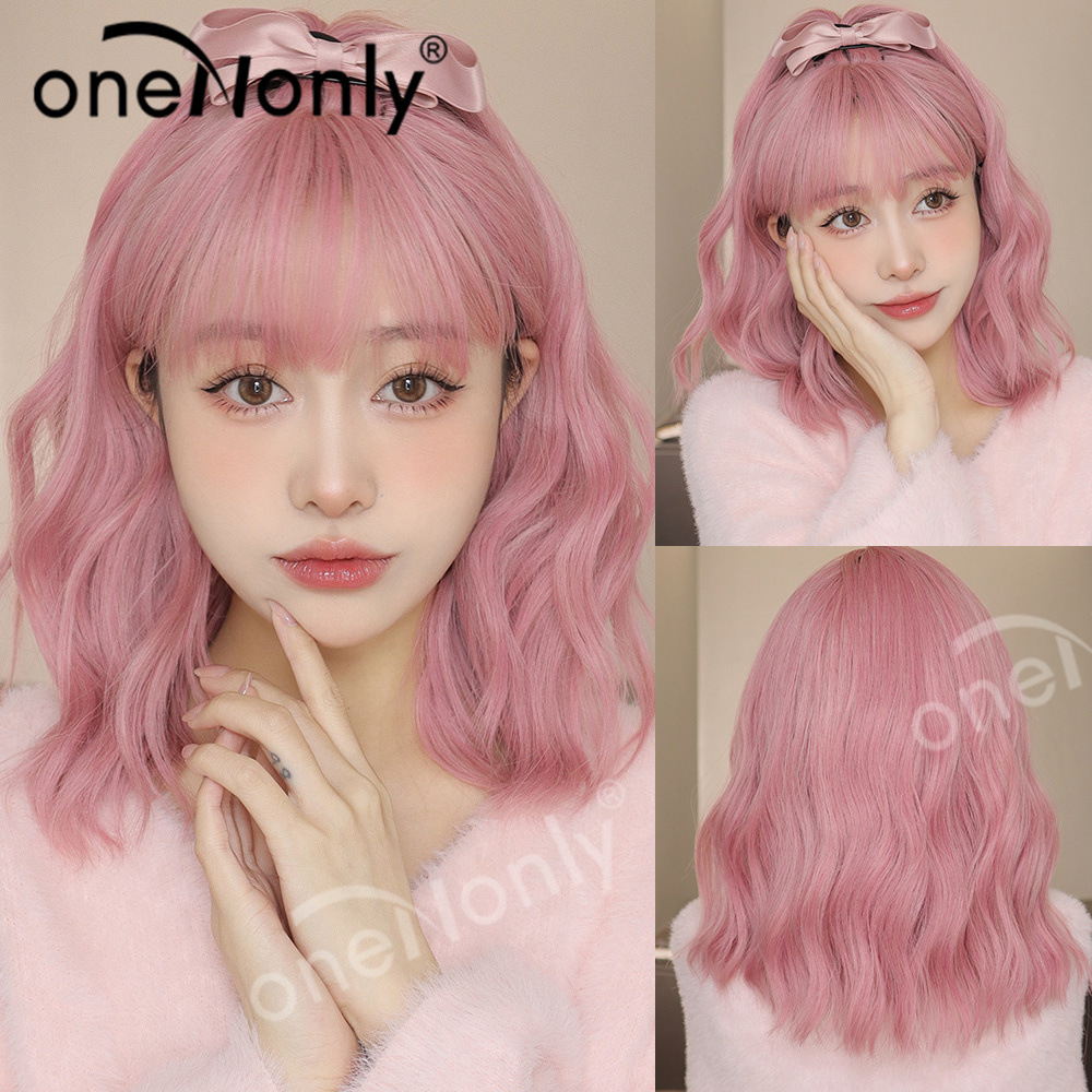 假发女短发韩系漫画洛丽塔可爱原宿粉色短卷发全头套-阿里巴巴