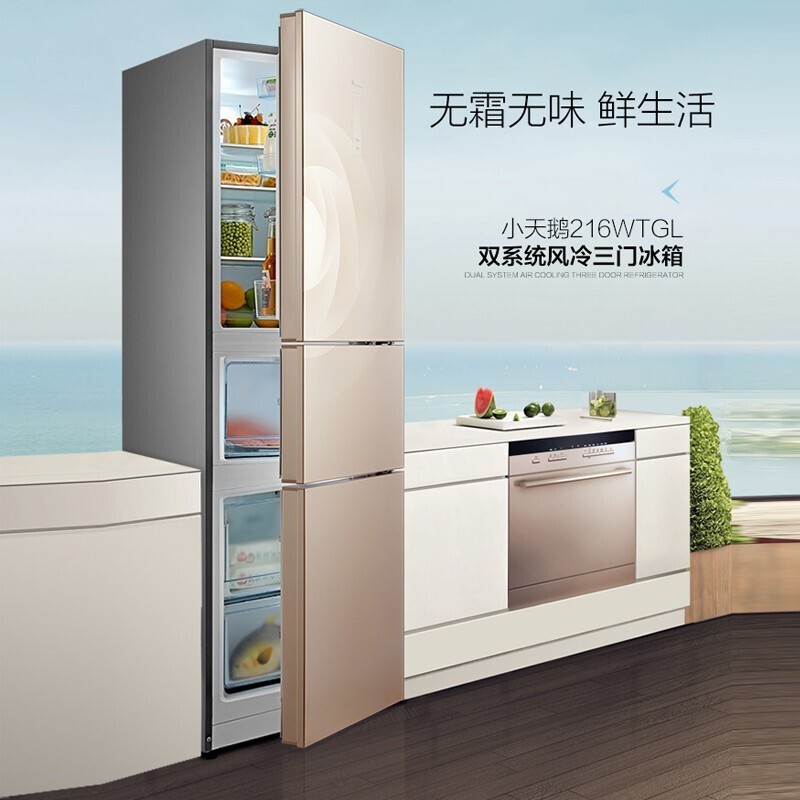 小-天鹅 bcd-216wtgl小型三门冰箱双系统净味玻璃面板风冷无霜