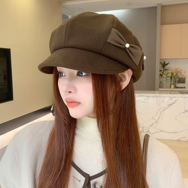 韩版秋冬新款帽子女百搭休闲八角帽时尚珍珠蝴蝶结显脸小贝雷帽潮