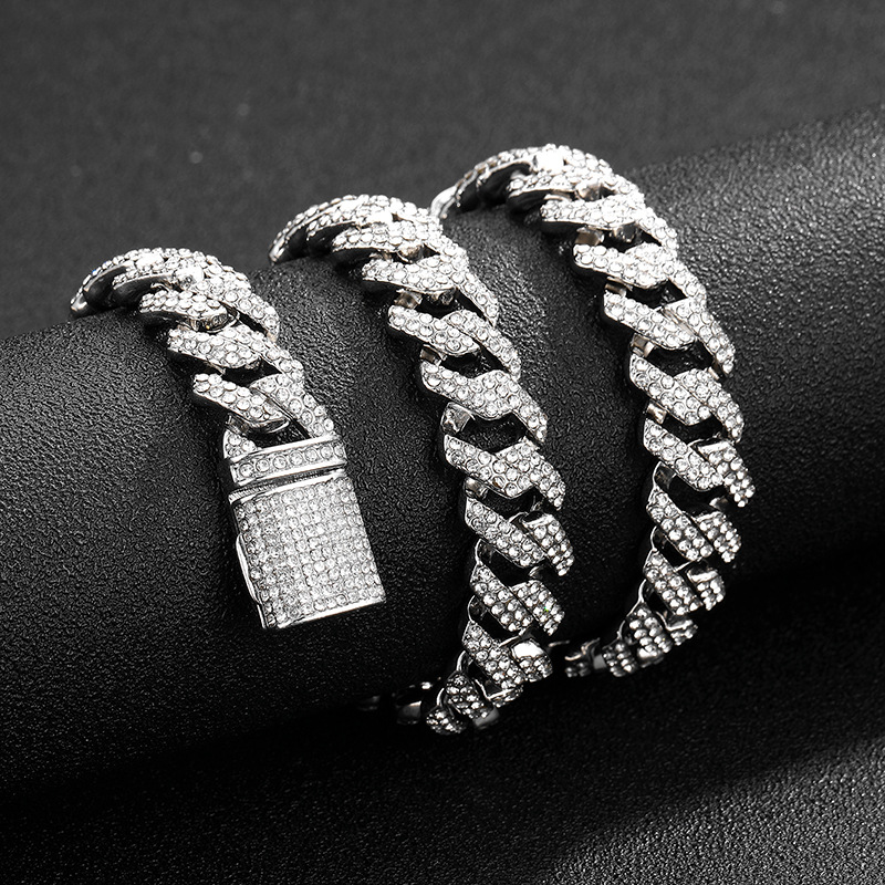 14mm Spot Cuban Link Chain Men's European and American Hot Hiphop Hip Hop Ear Accessories Diamond-Embedded Fashion Necklace Sweater Chain