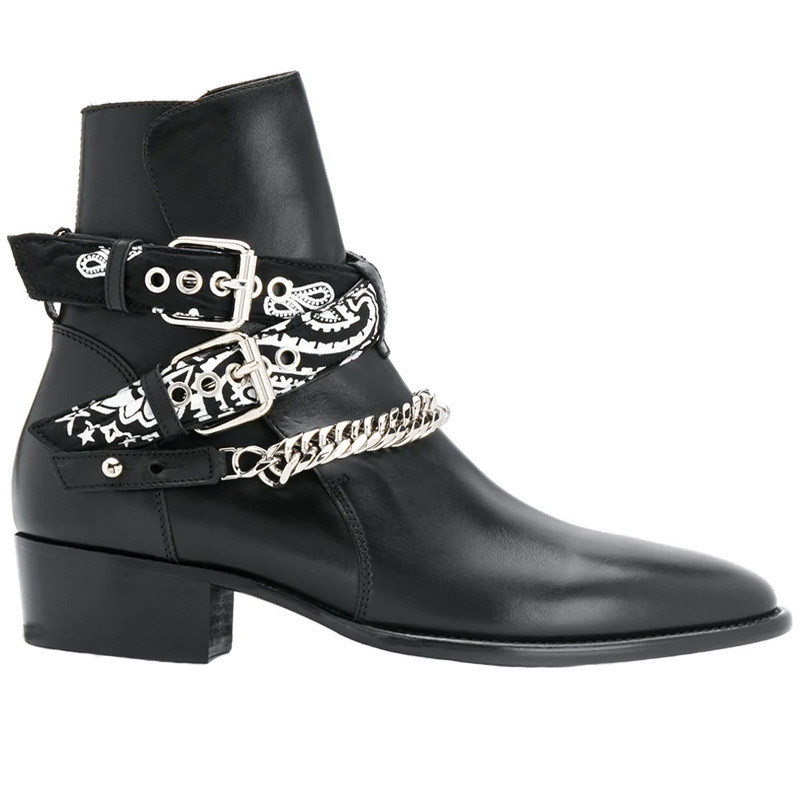 高街腰花amiri切尔西靴尖头马丁靴男个性牛仔真皮搭扣短靴链条