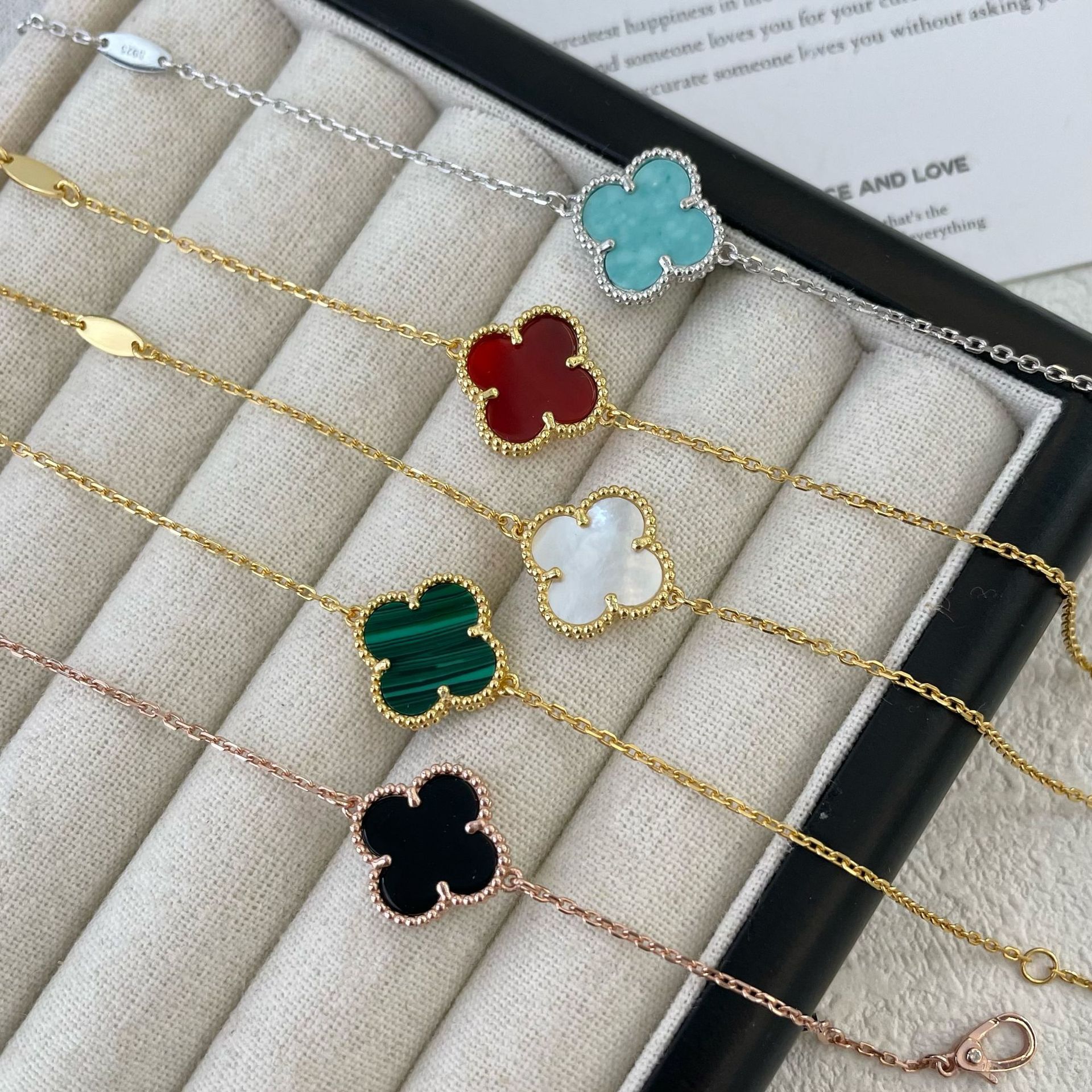 s925纯银幸运草四叶草彩色珐琅手链ins气质高级百搭简约轻奢小众