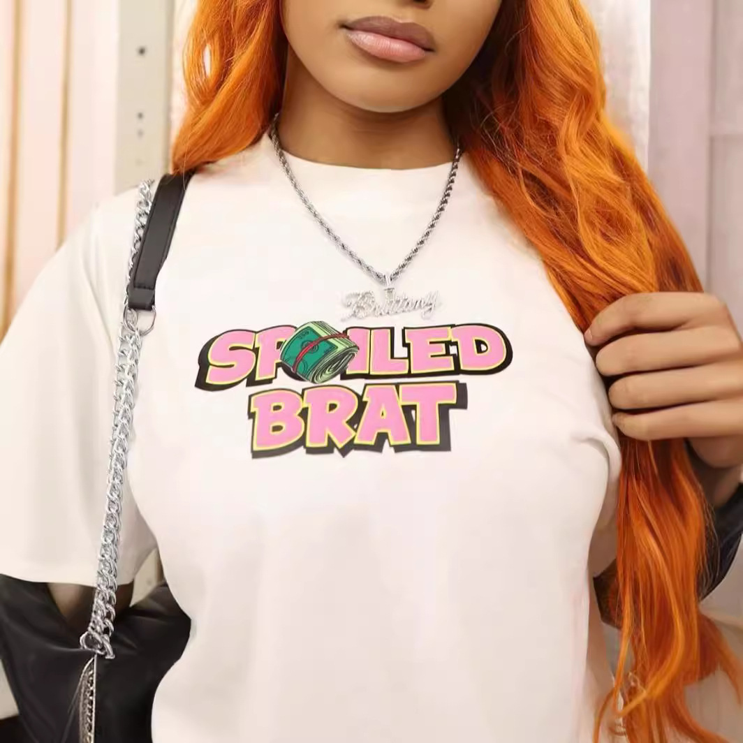 temu跨境拼多多大码女装欧美宽松上衣圆领短袖t恤时尚印花上衣t恤