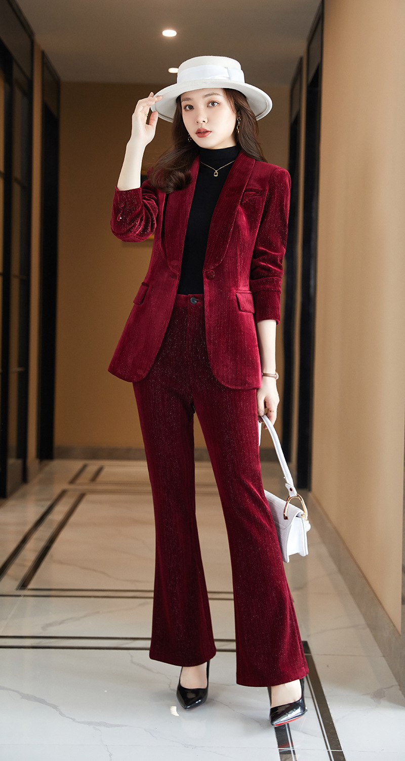 高端红色金丝绒西装套装微喇女洋装总裁职业正装丝绒外套西服秋冬
