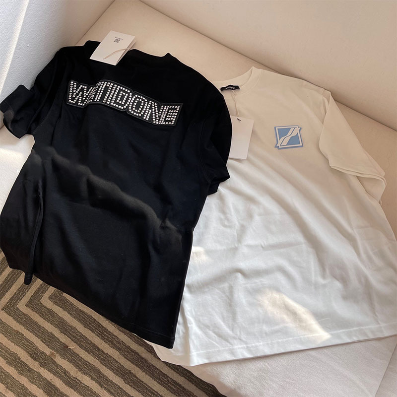 we11done 新款水钻宽松潮复古皮方标字母logo圆领welldone短袖t恤