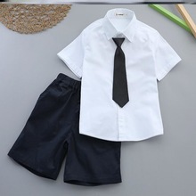 WZXSK儿童白衬衫黑裤子男童演出服套装夏季短袖薄款衬衣短西裤两