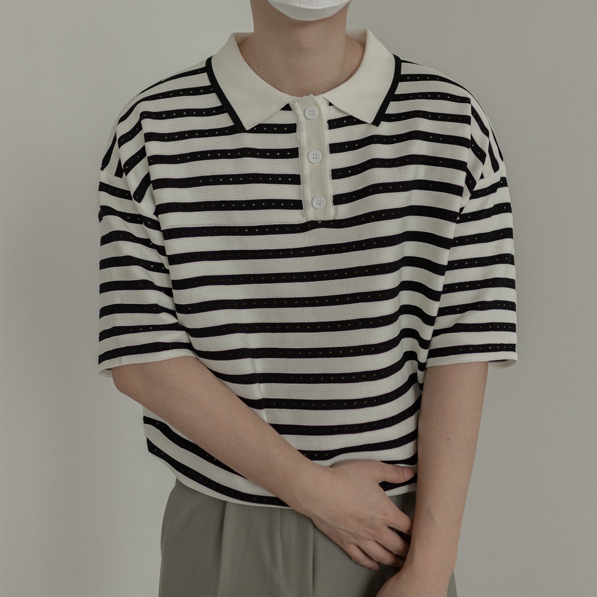 2024夏季韩风休闲polo领针织短袖t恤男百搭复古翻领中袖上衣潮流