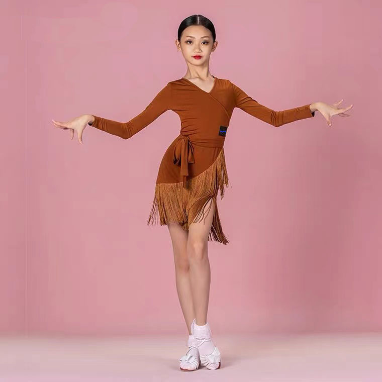 女孩拉丁舞服装舞蹈裙女童国标舞练功儿童拉丁舞裙流苏夏季规定服