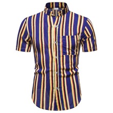 2020亚马逊外贸夏季欧码男士条纹商务短袖衬衫英伦风薄款休闲衬衣