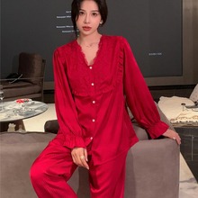 韩国长袖睡衣女春秋冰丝绸提花高级感网红家居服御姐风宽松睡衣红