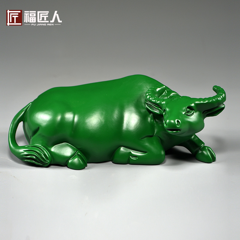 绿色木雕水牛摆件木制十二生肖卧牛家居客厅电视柜装饰红木工艺品