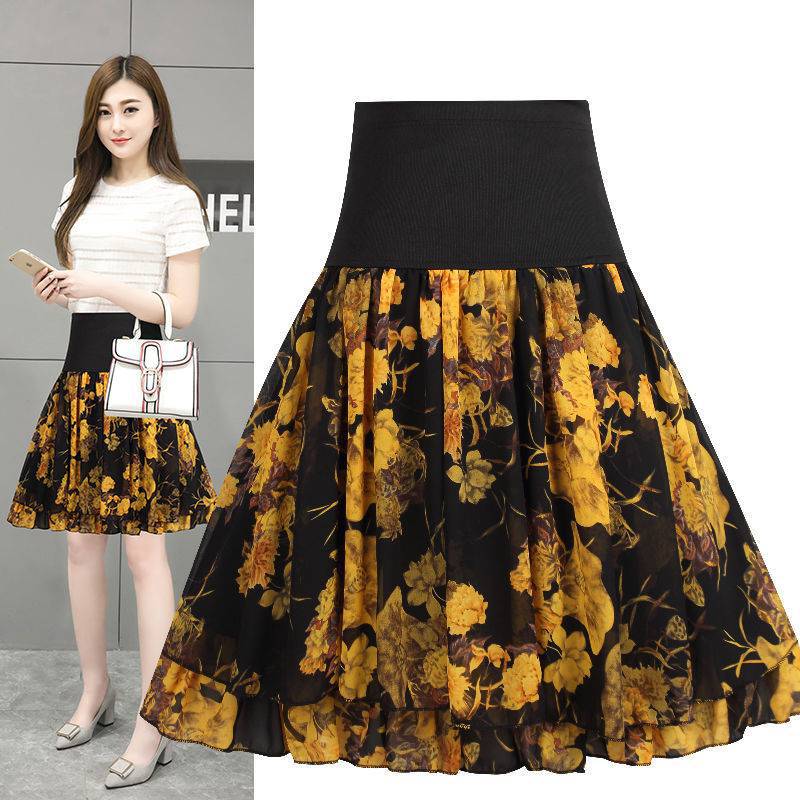 半身裙半身裙中长雪纺春夏季新款高腰显瘦a字裙遮肚大肚子花裙防