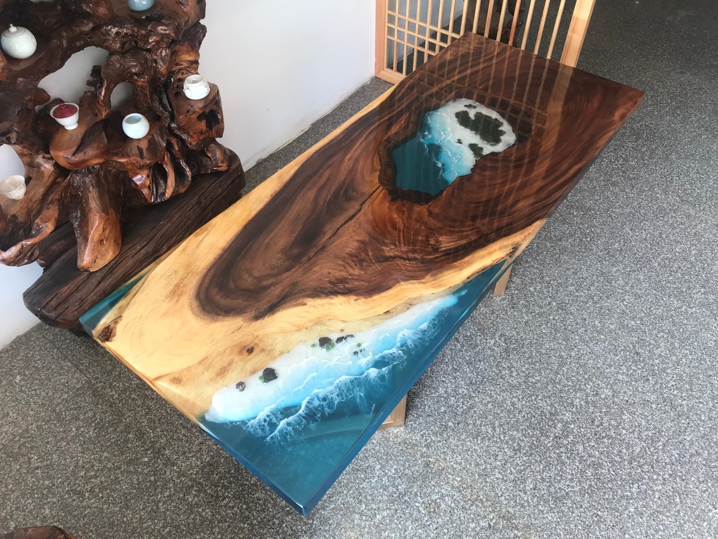 环氧河流树脂大板桌现代茶桌书桌透明桌办公桌酒店客栈民宿接待桌