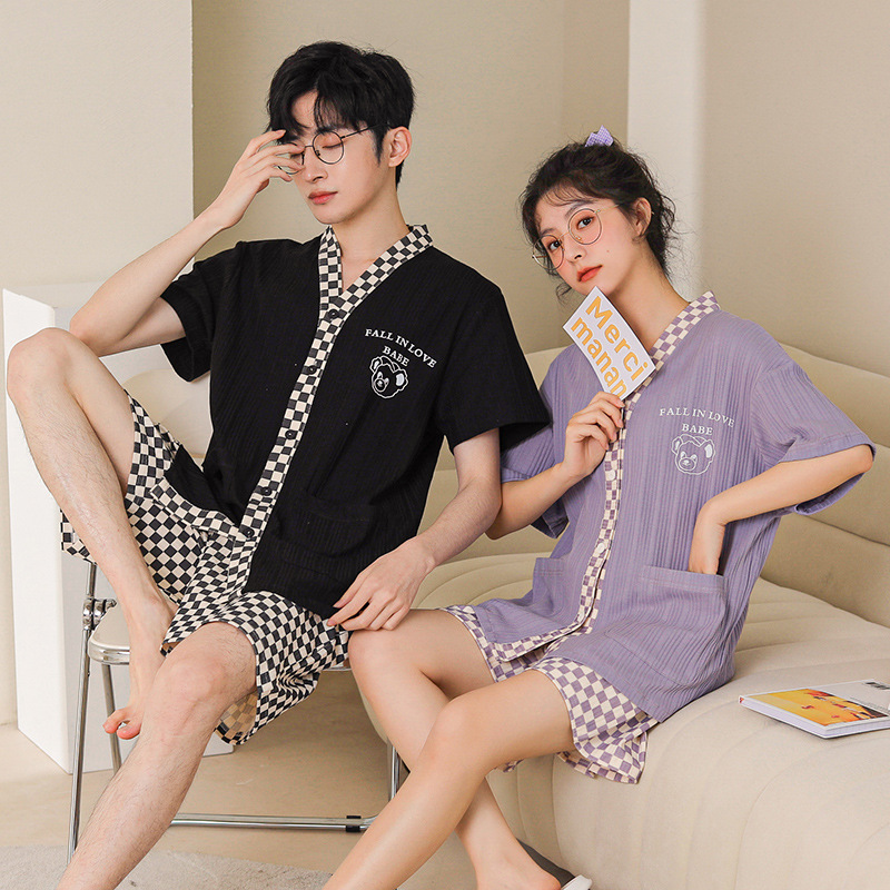 2023 New Short-Sleeved Couple Pajamas Women's Summer Cotton Homewear Cute Cartoon Cardigan Men's plus Size Suit