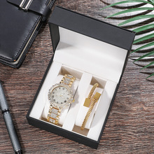 时尚新款2件套手表套装 男女通用不锈钢麻花方块手镯满钻石英腕表