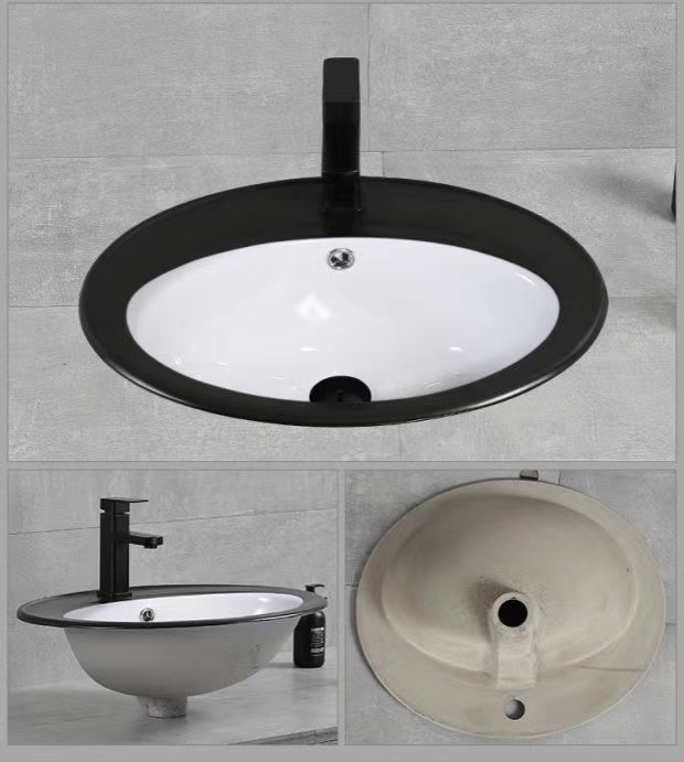 台中盆陶瓷一体黑边半嵌入式洗脸盆洗手盆台上盆椭圆形艺术