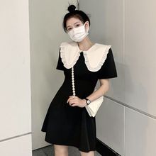 黑色娃娃领泡泡袖连衣裙女夏季2024新款法式甜美小个子收腰短裙火