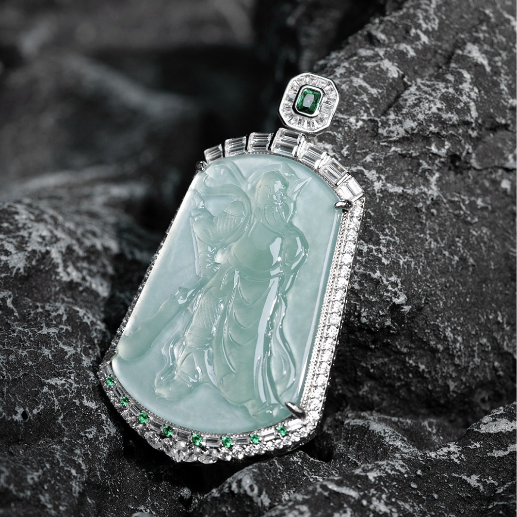 翡翠冰种关公牌子吊坠男925银镶嵌玉石无事牌玉坠项链节日礼物女