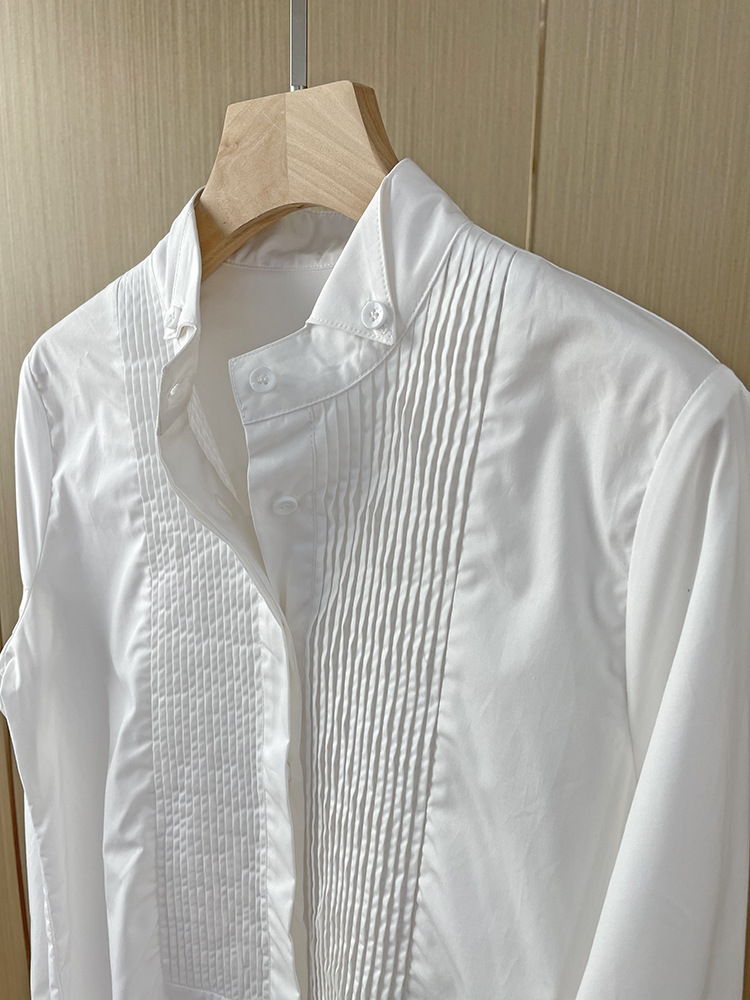 意大利高支双股比马棉 塔克褶风琴褶裥长袖白衬衫女
