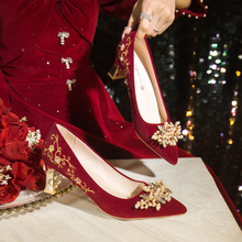 红色方跟婚鞋中式新娘鞋秀禾鞋婚纱两穿网红高跟鞋气质名媛单鞋女