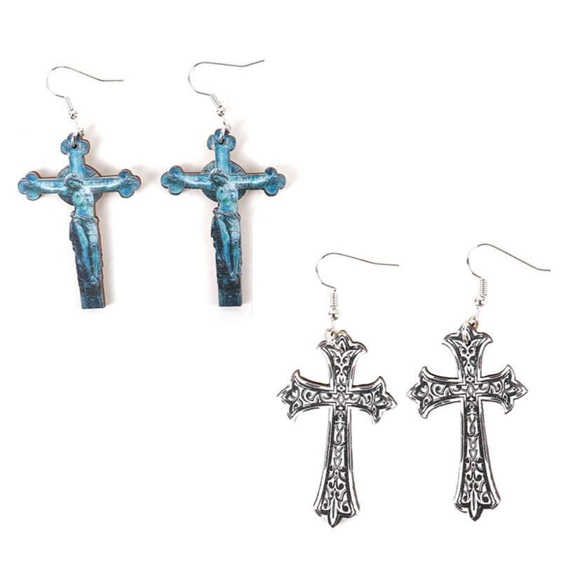 波西米亚跨境巴洛克风木头十字架耳环欧美暗黑浮雕哥特风复古耳饰