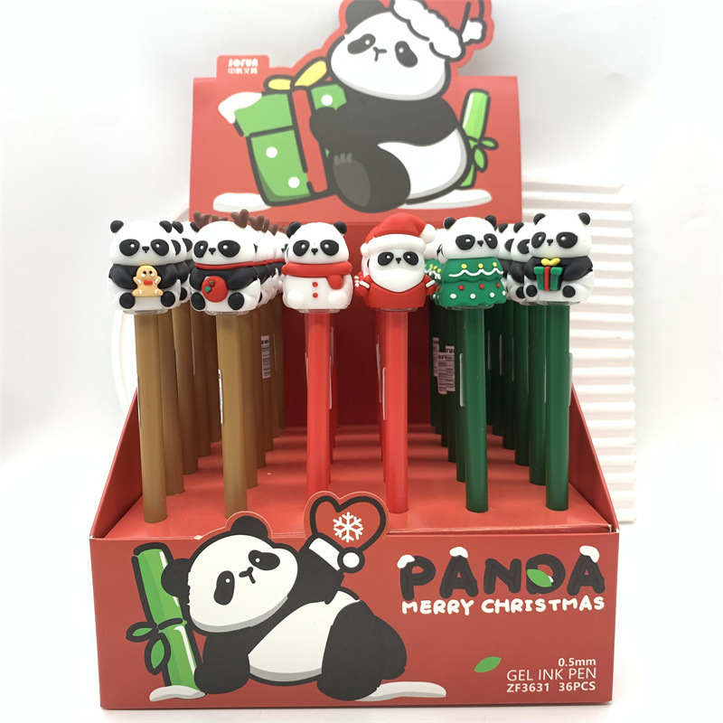 zf3631硅胶可爱圣诞主题熊猫摆件中性笔圣诞树礼物盒熊猫水笔礼品