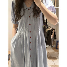 夏季显白蓝修身设计感遮肉翻领短袖长裙减龄小众超仙显瘦连衣裙