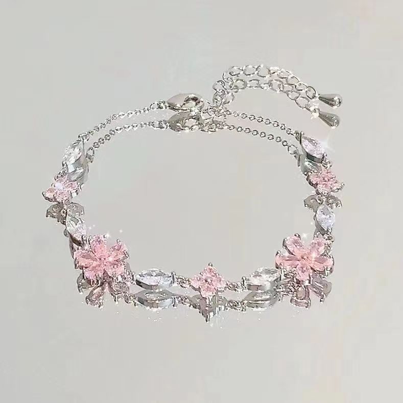 Pink Zircon Cherry Blossom Bow Bracelet Female Ins Special Interest Light Luxury Elegant High-Grade Cold Feeling Girlfriends Jewelry Fashion